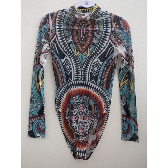 Best Cody 5020 Women's Sz M Multi 90s Vintage Sheer Aztec Print Bodysuit - Picture 1 of 9